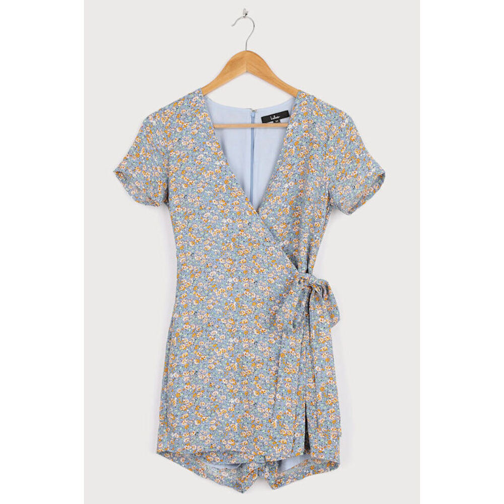 Lulus Playing Around Dusty Blue Floral Print Wrap Skort Romper - Size M